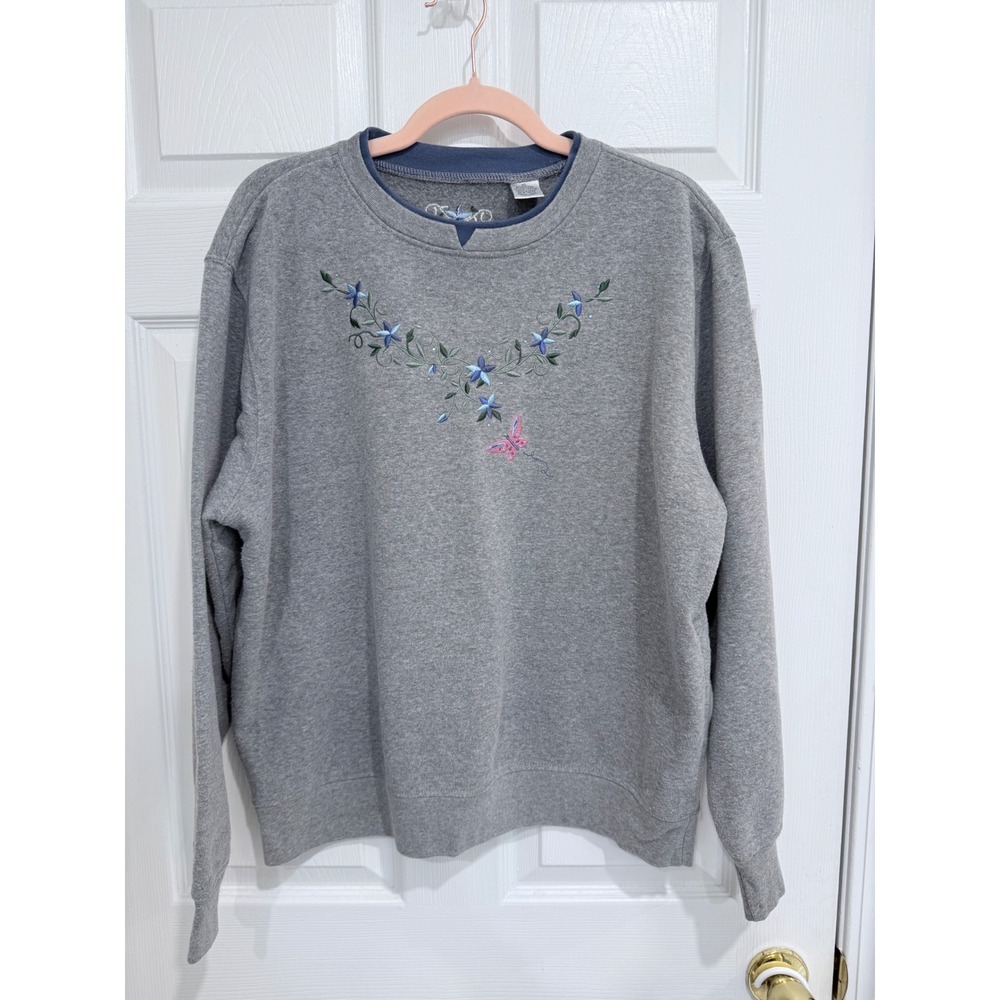 Y2K Vintage Embroidered Floral Butterfly Sweatshirt Gray XL Grandma Core